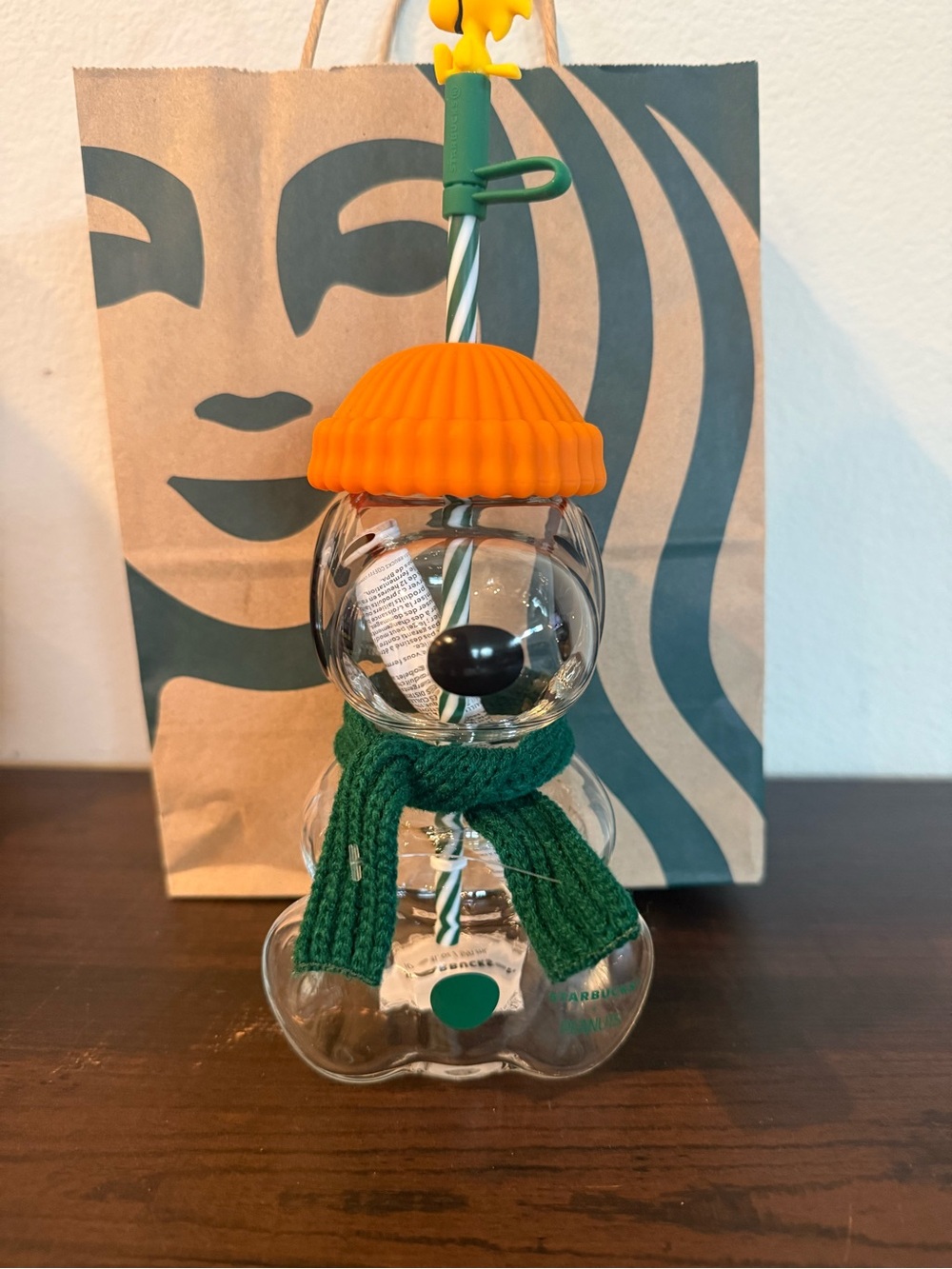 Starbucks Clear Snowman Tumbler with Orange Lid and Green Scarf